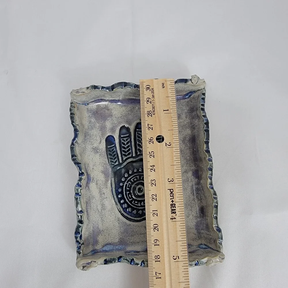 Artist Signed Healing Hand Hamsa Trinket Tray  Blue  Ceramic Pottery